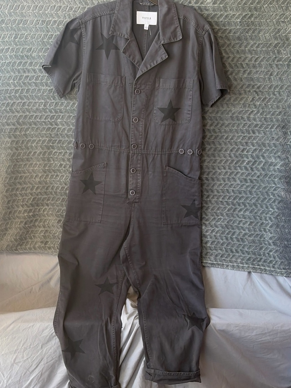 pistola charcoal gray star-print short sleeve utility jumpsuit